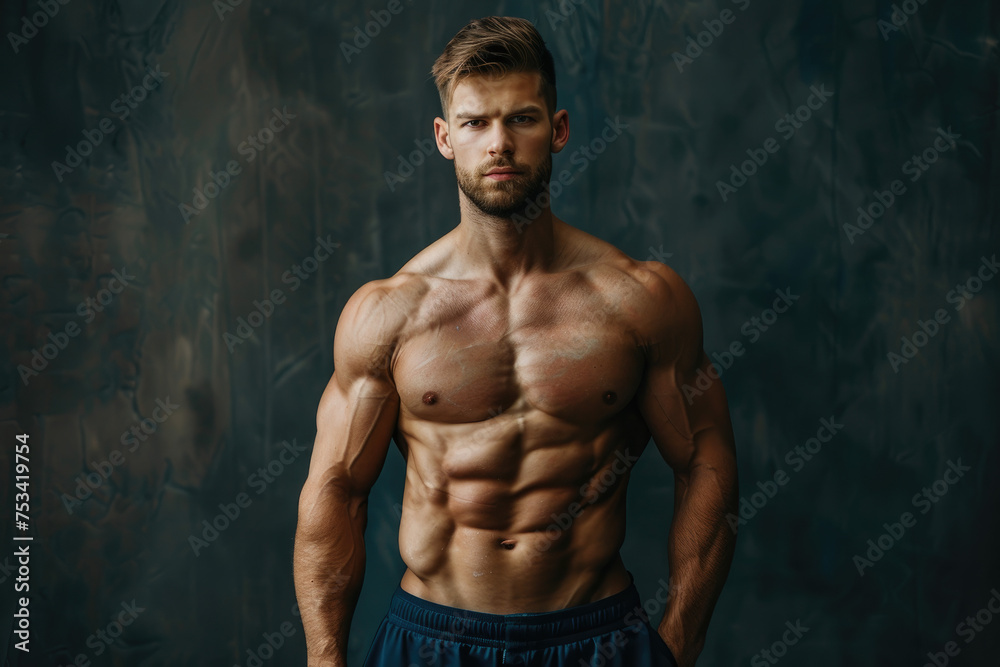 a sporty handsome strong man. Healthy athletic fitness model posing. Confident fashion male with torso, color background