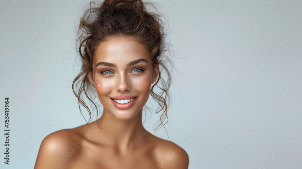 Portrait of a beautiful young white woman showcasing flawless skin and a captivating smile on a clean white background. Portrait of a beautiful young white woman showcasing flawless skin and a captivating smile on a clean white background.