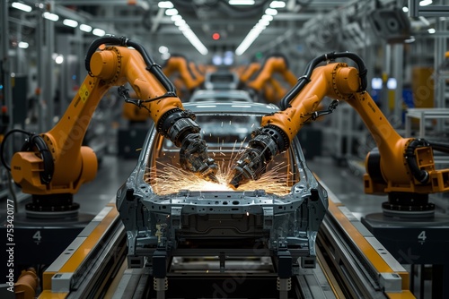 Sparks fly as robotic arms weld car body in a dynamic display of industrial automation in vehicle manufacturing. Robotic precision in action, arms engaged in welding chassis, automated prowess