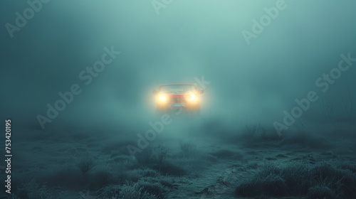 free space for title and Shot of car with bright headlights piercing through thick morning fog