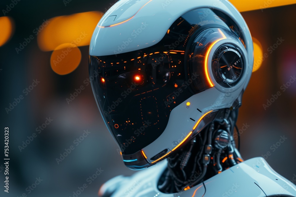 robot's face with illuminated orange eyes, reflecting the intricate design and emotional depth possible in AI. Detailed view of an android's visage featuring glowing eyes, highlighting the precision robot's face with illuminated orange eyes, reflecting the intricate design and emotional depth possible in AI. Detailed view of an android's visage featuring glowing eyes, highlighting the precision