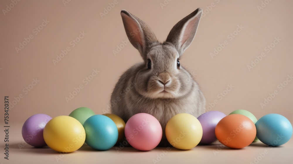 A rabbit with Easter Eggs on plain color background