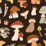 Mushrooms pattern. Seamless background, fall forest print. Endless fungi texture design. Autumn fungus, repeating backdrop for wrapping, fabric, textile. Printable repeatable flat vector illustration