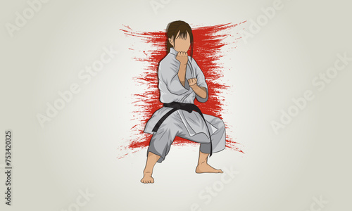Woman in a kimono and with a black belt stands in a martial pose in karate martial arts. Vector illustration. Abstract background.