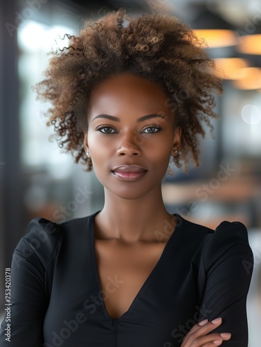 African Americans professional woman in attire commands attention, confidence evident in corporate landscape.Self-assured business expert in elegant ensemble, presence powerful within office realm.