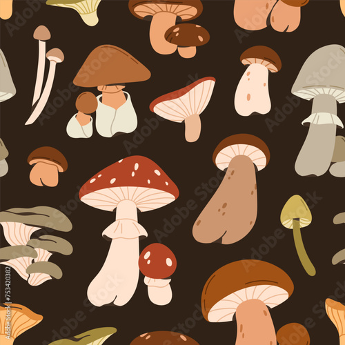Mushrooms pattern. Seamless background, fall forest print. Endless fungi text...