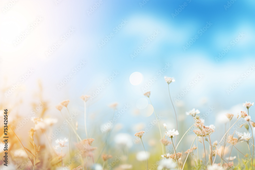 Sky of pure serenity, blooming with springtime beauty, This dreamy background features soft, blurred sunshine against a vibrant blue canvas