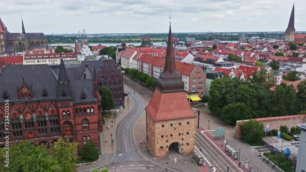 Stone Gate Rostock Aerial drone view of Steintor in Rostock , Northern Germany . The stone ...
