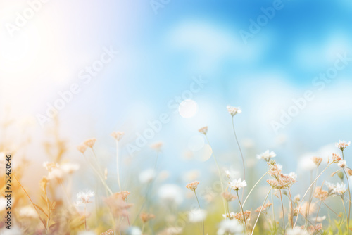 Sky of pure serenity, blooming with springtime beauty, This dreamy background features soft, blurred sunshine against a vibrant blue canvas