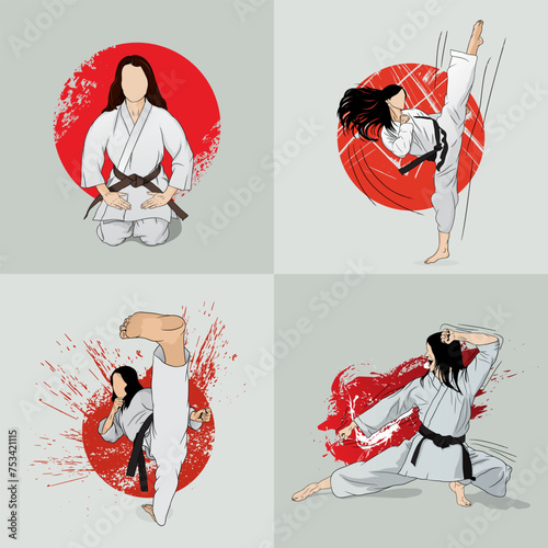 Set of female athletes engaged in martial arts. Vector image