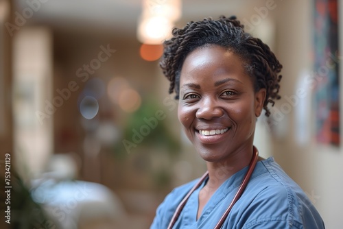 Portrait of a middle aged female African nurse posing with crossing hand against a blurry hospital backdrop with space, Generative AI.
