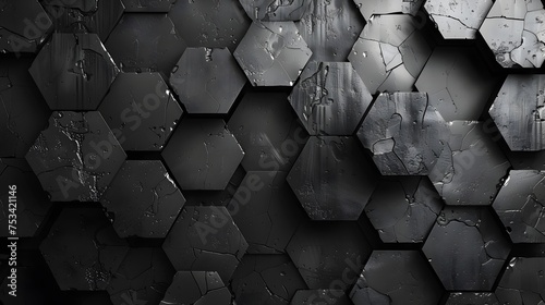 Black Hexagon Wallpaper with Distressed Texture, To provide a unique and eye-catching background for modern technology or lifestyle related designs photo