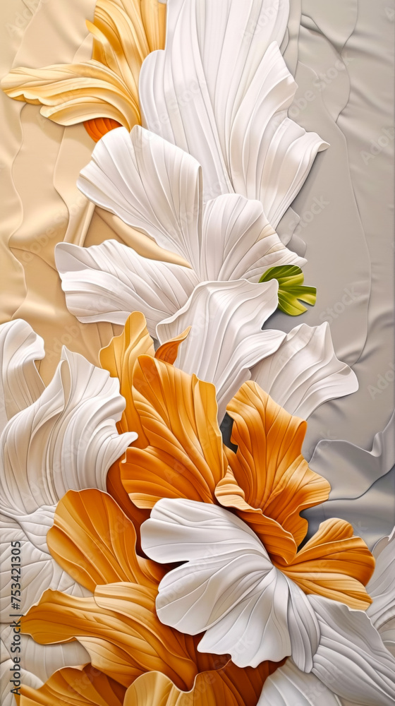 painting featuring white, taupe and yellow art, light orange and white, flourishing botanicals