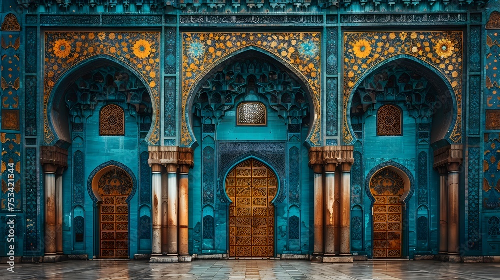 Intricate Blue and Gold Mosque Doors with Arabesque Design, To showcase the intricate details and beauty of Islamic architecture and provide a sense