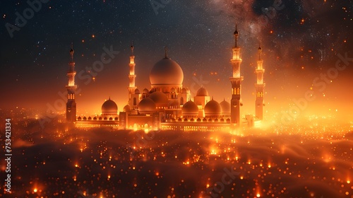 Fantasy Mosque Amidst Flames and Fireworks, To convey a sense of celebration, spirituality, and wonder during a Muslim holiday in a unique and