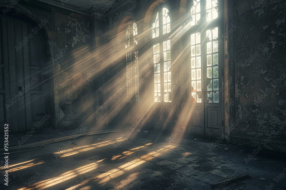 An empty room filled with light rays