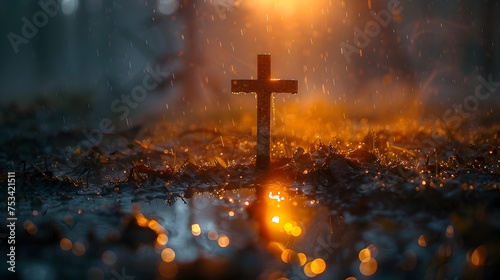 Golden Light Shines on Cross in Water Puddle, This image conveys a sense of spirituality and reverence, making it suitable for use in religious