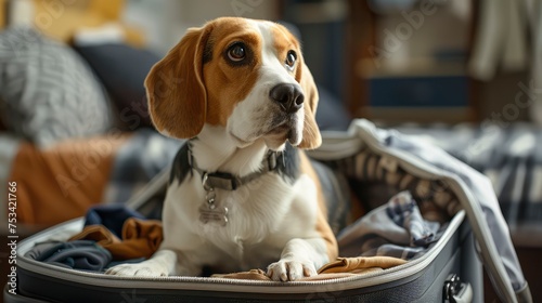 Beagle Dog Sits Open Suitcase Clothes, Desktop Wallpaper Backgrounds, Background HD For Designer