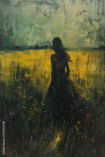 Moody vintage farmhouse style oil painting features portrait of a woman in the field wall art