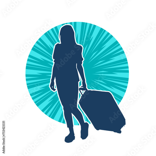 Silhouette of a slim fashionable female model carrying travelling luggage while walking