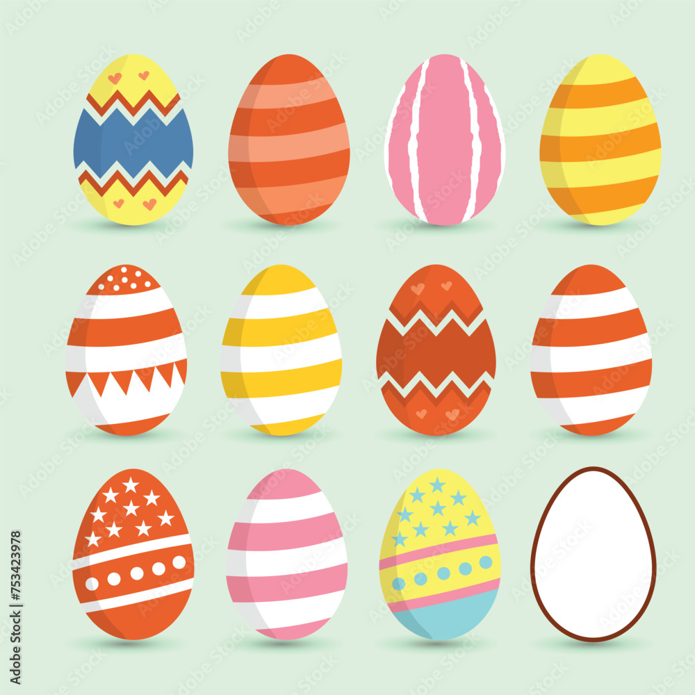 Colorful realistic easter eggs with various geometric and herbal