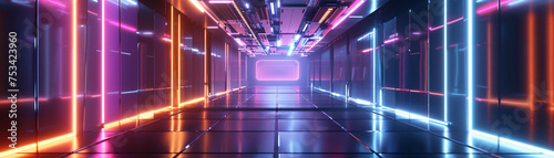 Modern neon-lit corridor in a high-tech environment with dark and glowing elements
