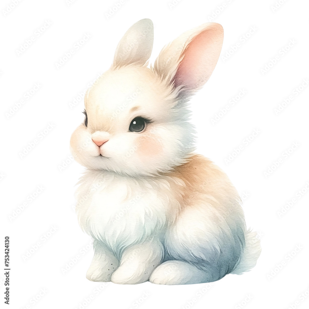 Isolated Rabbit, A cute and fluffy bunny with white fur, adorable ears, and a small, domestic pet, perfect for Easter festival. Water color Generate by AI. Isolated Rabbit, A cute and fluffy bunny with white fur, adorable ears, and a small, domestic pet, perfect for Easter festival. Water color Generate by AI.