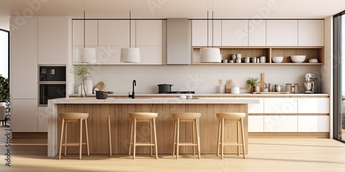  a contemporary kitchen with white and wooden elements, including walls, floor, countertops, cupboards, and a bar with stools.