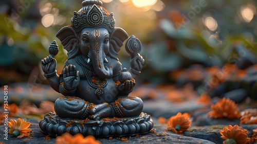 Intricately Carved Ganesha Statue in a Garden, To provide a visually captivating and spiritually meaningful image of a revered Hindu deity for use in