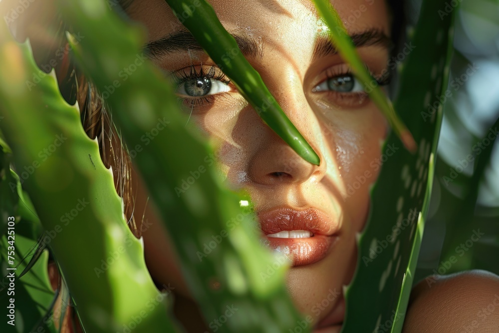 Portrait of beautiful young woman behind aloe vera leaves, natural and nourishing properties Portrait of beautiful young woman behind aloe vera leaves, natural and nourishing properties