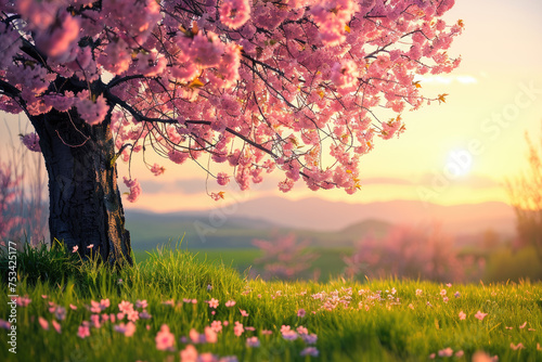 Pink cherry tree blossom flowers are blooming in a green grass meadow against a backdrop of a spring Easter sunrise.