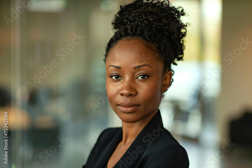 Portrait of a black businesswoman looking directly at the camera in an office environment