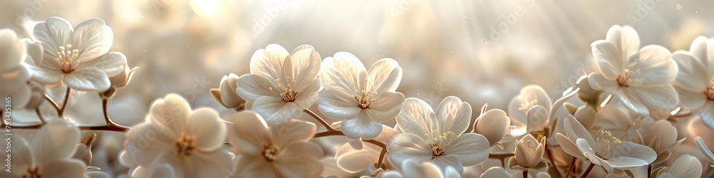 Delicate White Flowers in Full Bloom Bathed in Soft Sunlight, To evoke a sense of serenity and tranquility through the image of delicate white