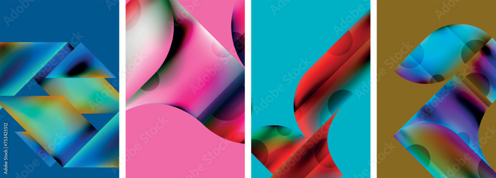 Set of colorful geometric posters - round shapes and circles with fluid color gradients. Abstract backgrounds for wallpaper, business card, cover, poster, banner, brochure, header, website