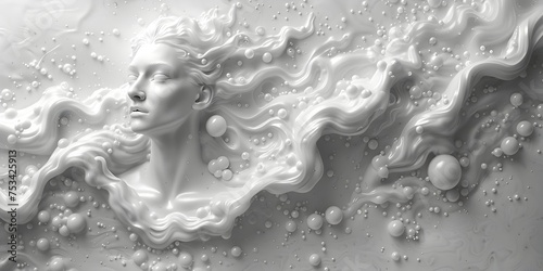 Wistful Woman Surrounded by Bubbles in ZBrush Style, To showcase the unique and imaginative style of ZBrush through a detailed and captivating 3D photo