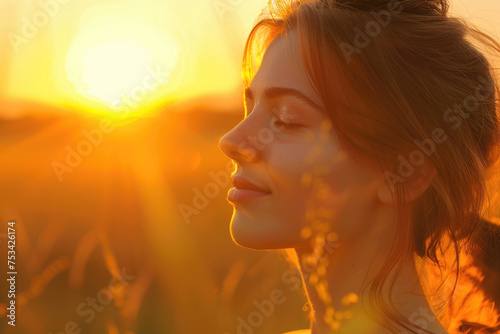 Woman with eyes closed enjoys in summer sunset © Kien