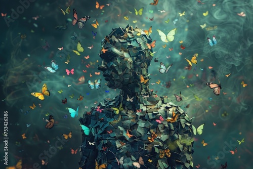 Digital artwork illustration featuring a shattered human sculpture surrounded by colorful butterflies, representing freedom and transformation photo