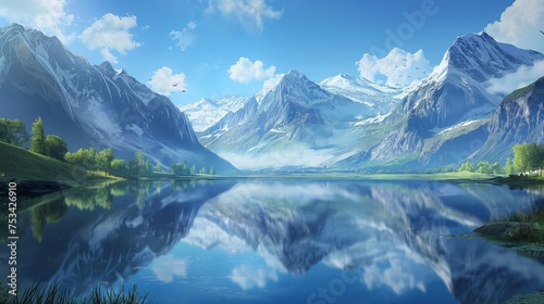 Steep cliffs mirrored in a calm lake, framed by the splendor of mountains and an endless blue sky. © mansoor