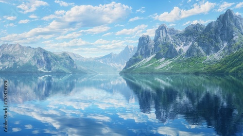 Steep cliffs mirrored in a calm lake  framed by the splendor of mountains and an endless blue sky.
