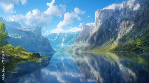 Steep cliffs mirrored in a calm lake, framed by the splendor of mountains and an endless blue sky.