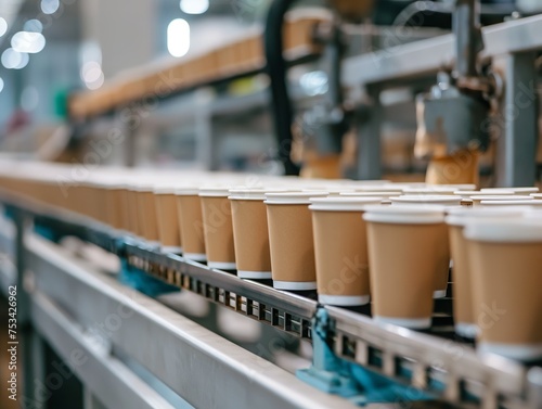 A close-up view of a conveyor belt with a row of disposable coffee cups in an industrial setting, representing mass production and automation.