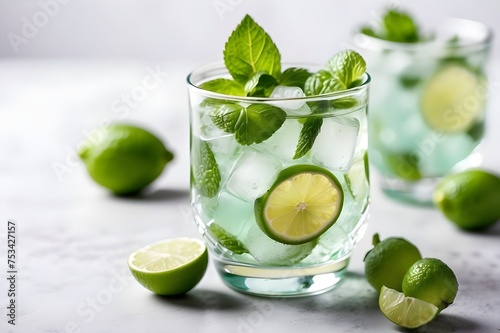 Fresh homemade cocktail with lime, mint and ice on a white table, close up, top view, copy space Generative AI