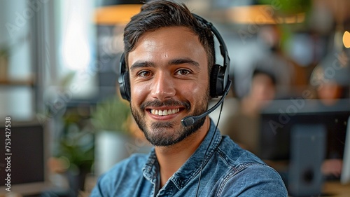 Close-up of a dashing man wearing a headset and grinning while working in an office as a customer service representative or contact center employee. photo