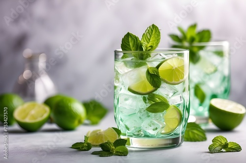 Fresh homemade cocktail with lime, mint and ice on a white table, close up, top view, copy space Generative AI