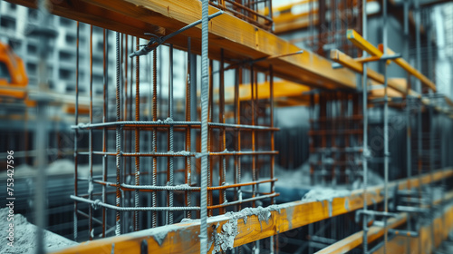 Focused image of reinforced steel bars with a blur effect, set against the framework of an under-construction building.