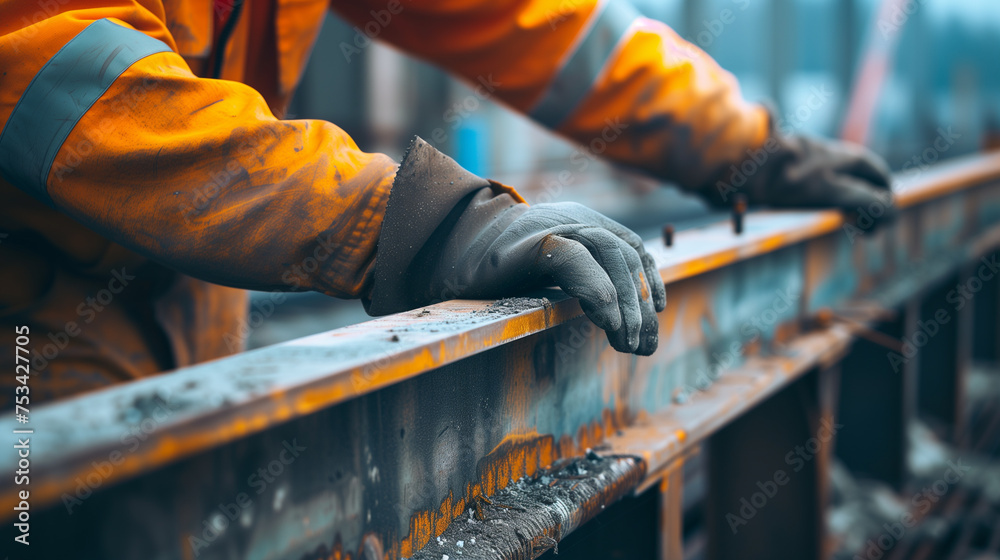 Close-up of a construction worker's gloved hands resting on a rusty steel beam, highlighting the physical labor aspect. Close-up of a construction worker's gloved hands resting on a rusty steel beam, highlighting the physical labor aspect.