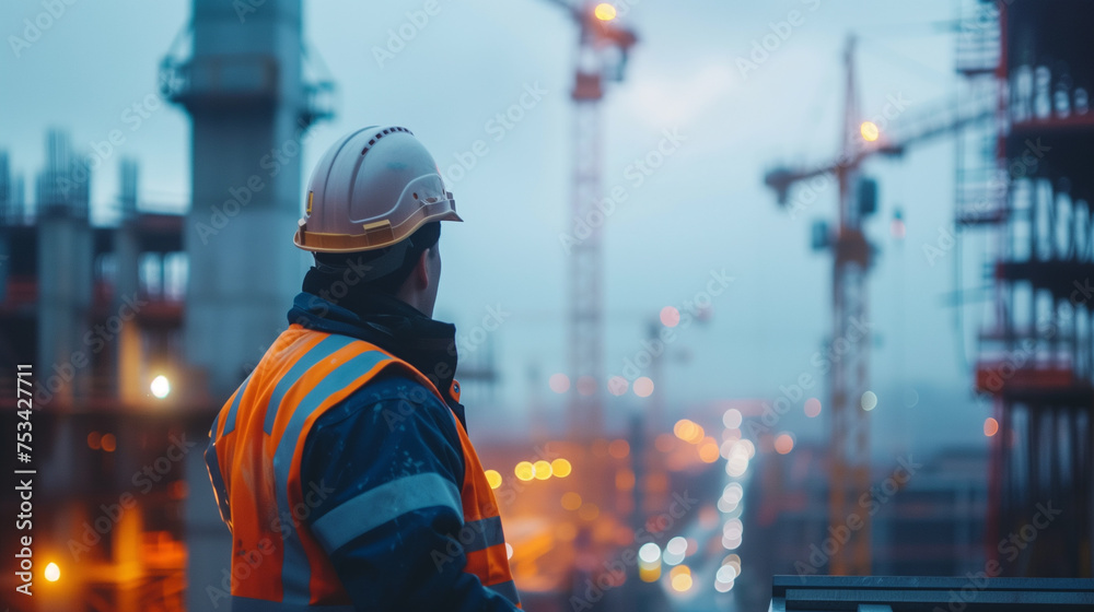 A construction supervisor in a reflective vest and hard hat observes the progress of a building site as evening falls. - obrazy, fototapety, plakaty 