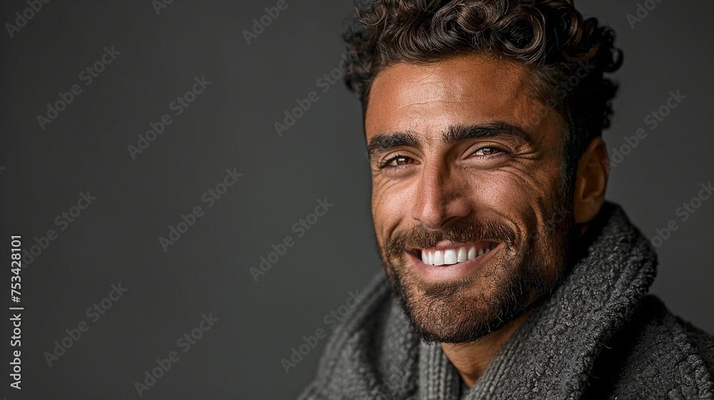intense picture of a man wearing a chic coat and grinning. intense picture of a man wearing a chic coat and grinning.
