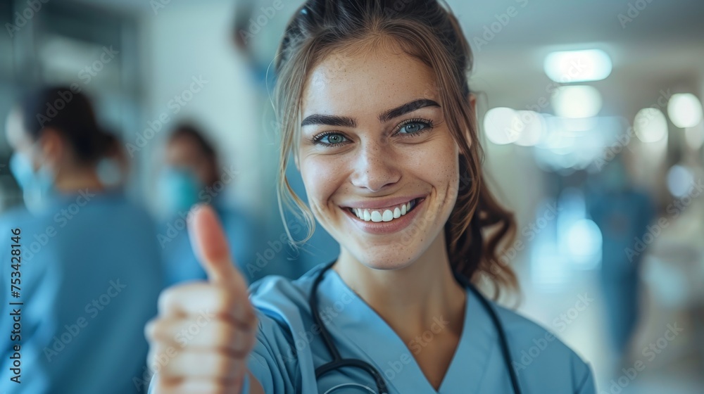 portrait of a smiling nurse making a thumb up gesture - obrazy, fototapety, plakaty 