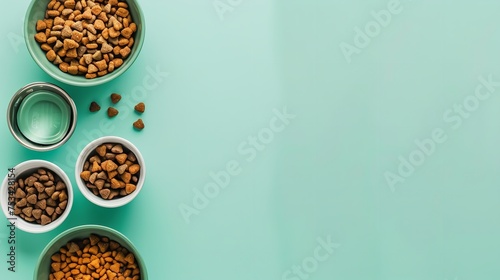 Top view of various pet accessories and food against a pale green background and blank space for text or product, Generative AI.